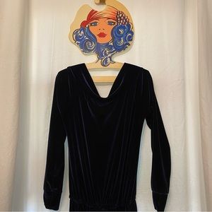 Vintage 80s/90s Midnight Blue Velour Jumpsuit Elastic-waist Pockets Cowl Neck